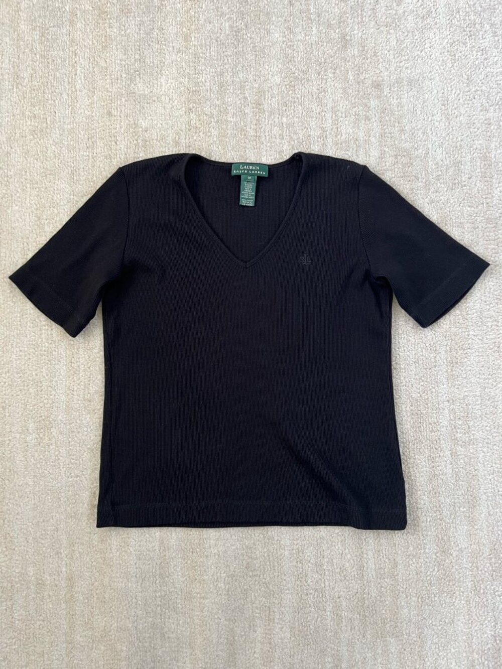 Lauren Ralph Lauren Cotton Ribbed Black Short Sleeve Knit Top M